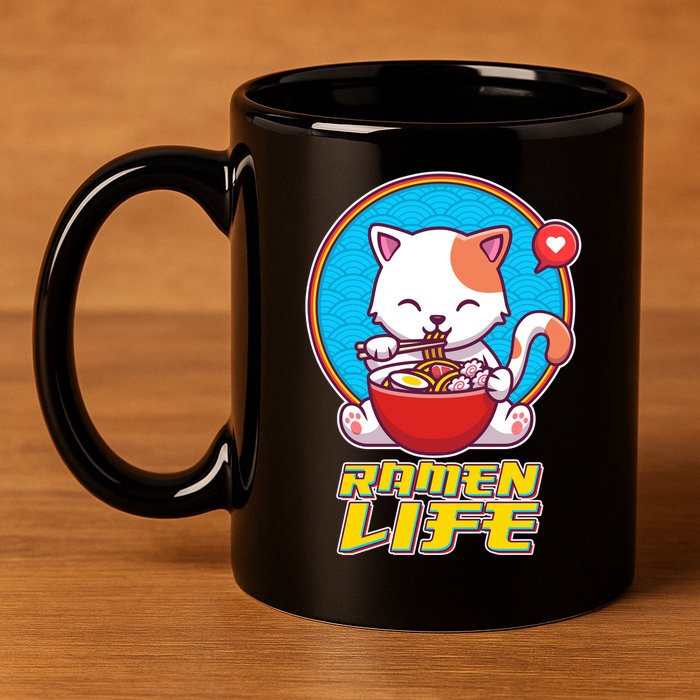 Cute Japanese Ramen Life Kitty 11oz C Handle Ceramic Mug
