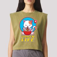 Cute Japanese Ramen Life Kitty Garment-Dyed Women's Muscle Tee