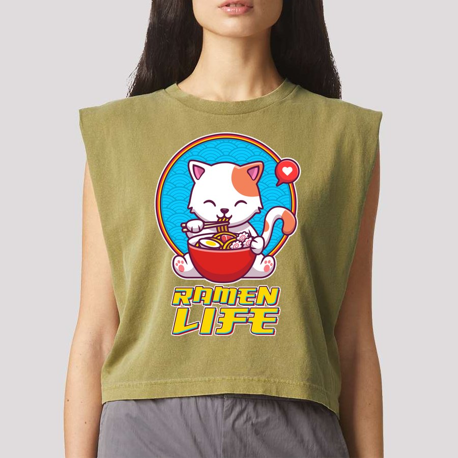 Cute Japanese Ramen Life Kitty Garment-Dyed Women's Muscle Tee