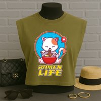 Cute Japanese Ramen Life Kitty Garment-Dyed Women's Muscle Tee