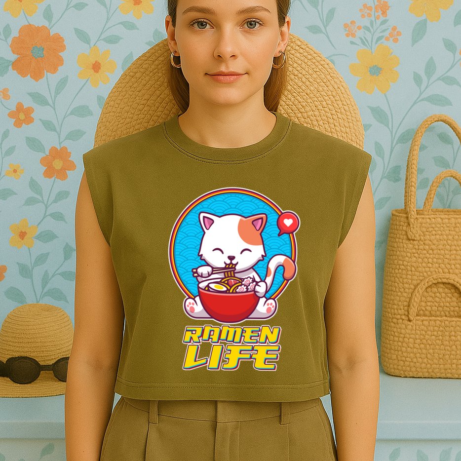 Cute Japanese Ramen Life Kitty Garment-Dyed Women's Muscle Tee