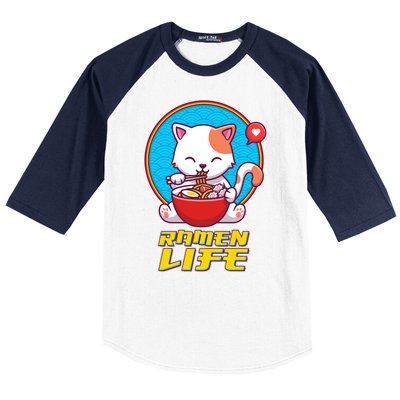 Cute Japanese Ramen Life Kitty Baseball Sleeve Shirt