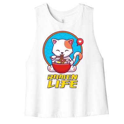 Cute Japanese Ramen Life Kitty Women's Racerback Cropped Tank