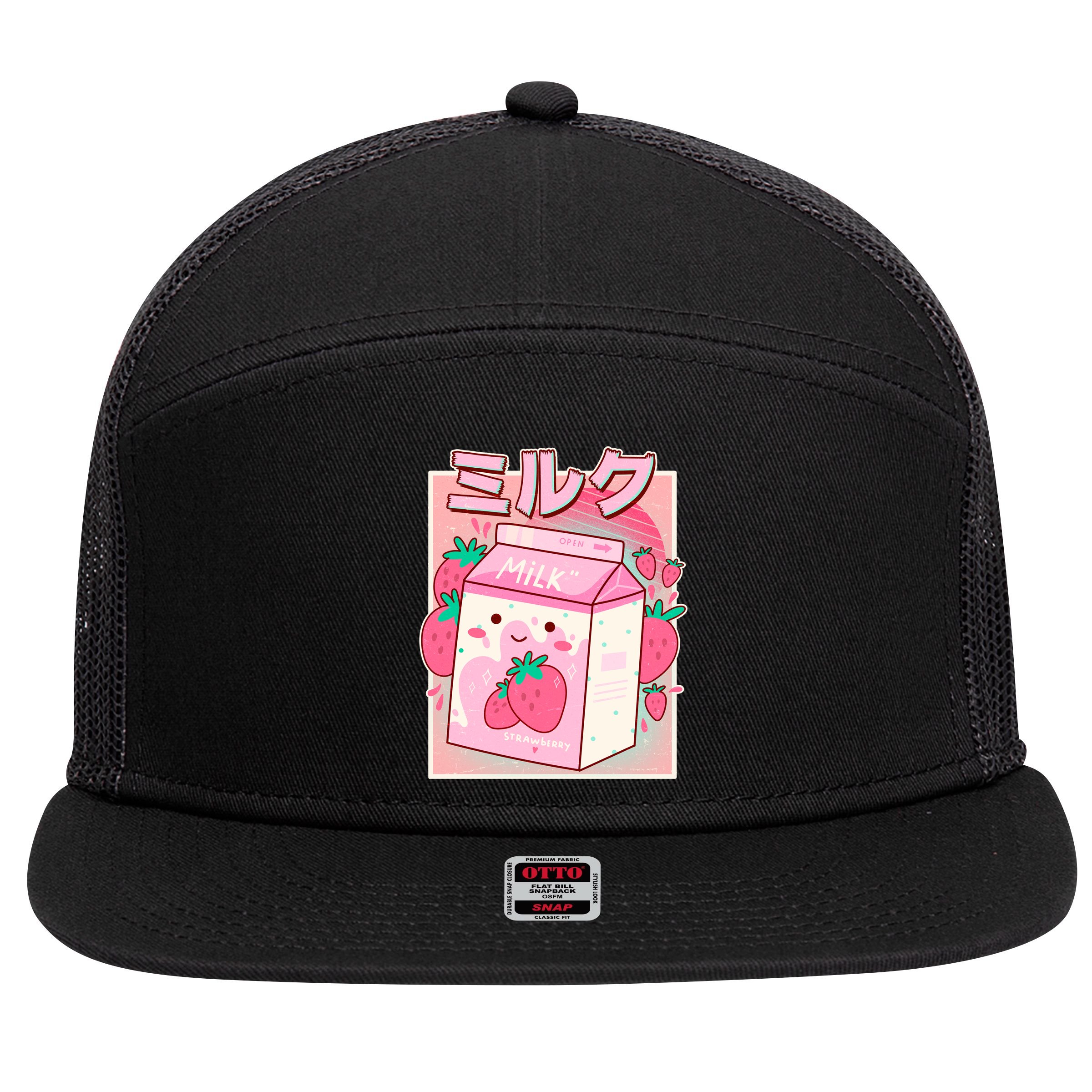 Cute Kawaii Japanese Strawberry Milk 7 Panel Mesh Trucker Snapback Hat