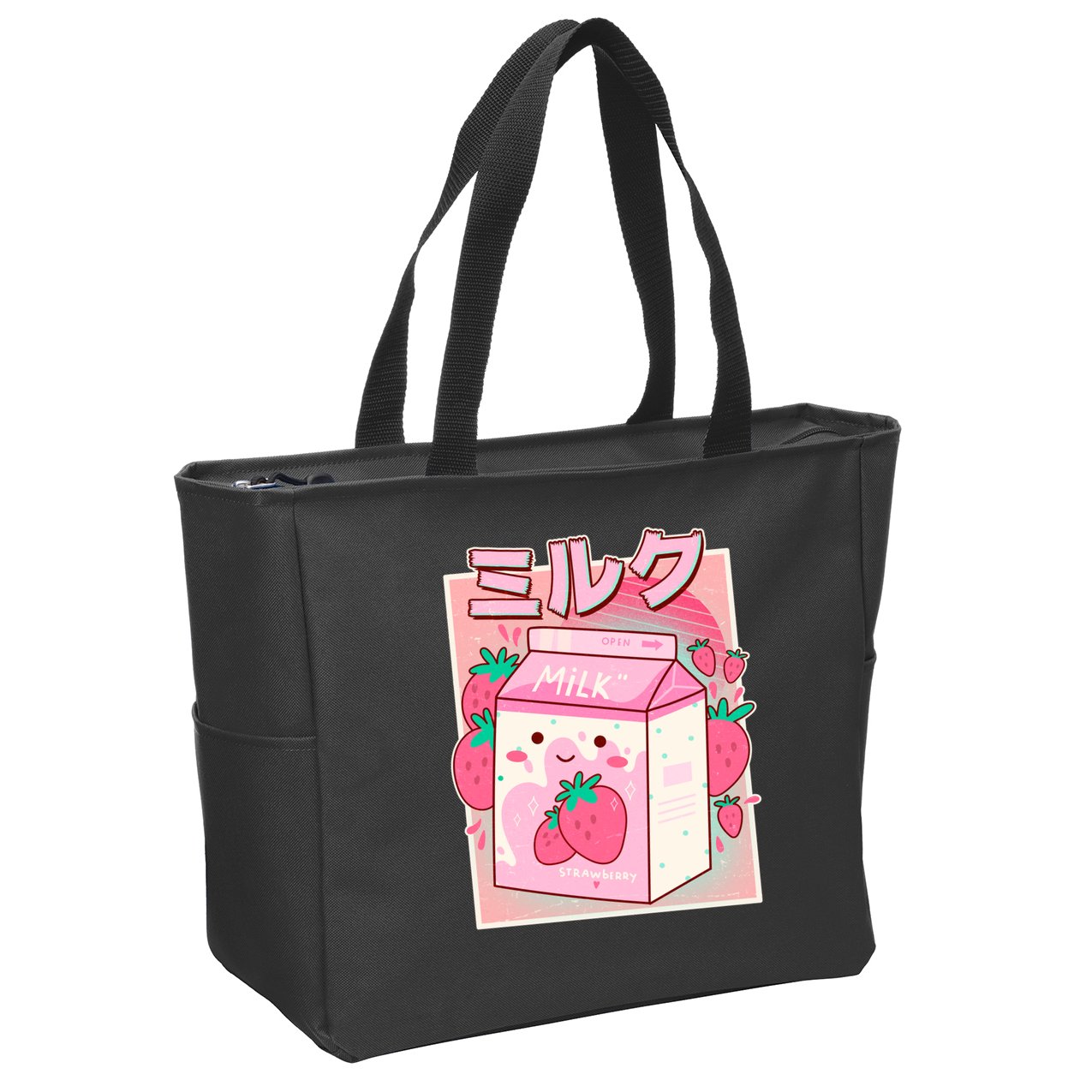 Cute Kawaii Japanese Strawberry Milk Zip Tote Bag