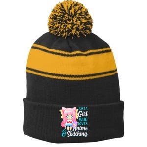 Cute Kawaii Just a Girl Who Loves Anime and Sketching Stripe Pom Pom Beanie