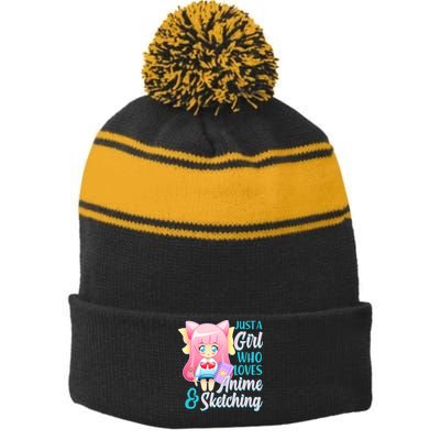 Cute Kawaii Just a Girl Who Loves Anime and Sketching Stripe Pom Pom Beanie