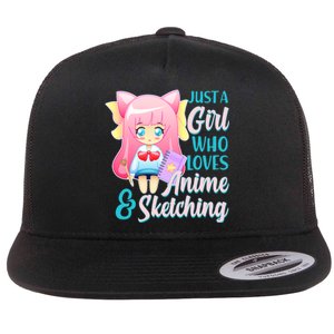 Cute Kawaii Just a Girl Who Loves Anime and Sketching Flat Bill Trucker Hat