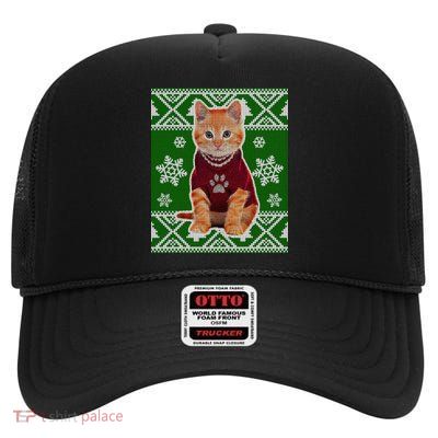 Cute Kitten Ugly Christmas High Crown Mesh Back Trucker Hat