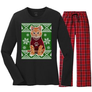 Cute Kitten Ugly Christmas Women's Long Sleeve Flannel Pajama Set 