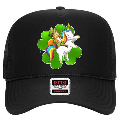 Cute Leprechaun Riding Unicorn High Crown Mesh Back Trucker Hat