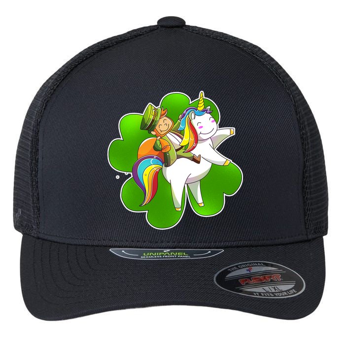 Cute Leprechaun Riding Unicorn Flexfit Unipanel Trucker Cap