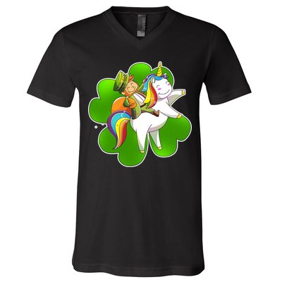 Cute Leprechaun Riding Unicorn V-Neck T-Shirt
