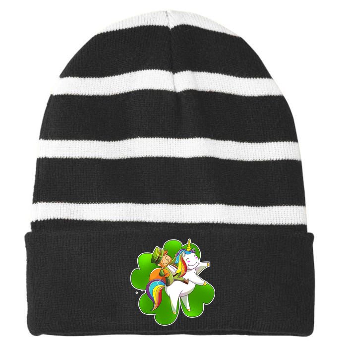 Cute Leprechaun Riding Unicorn Striped Beanie with Solid Band