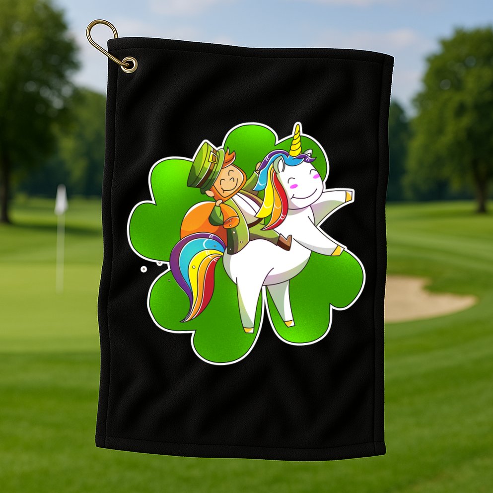 Cute Leprechaun Riding Unicorn Golf Towel