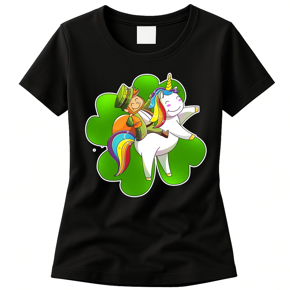 Cute Leprechaun Riding Unicorn Womens T-Shirt