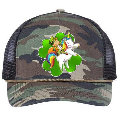 Cute Leprechaun Riding Unicorn Retro Rope Trucker Hat Cap