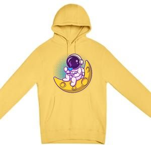 Cute Little Astronaut Drinking Coffee Premium Pullover Hoodie