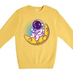 Cute Little Astronaut Drinking Coffee Premium Crewneck Sweatshirt