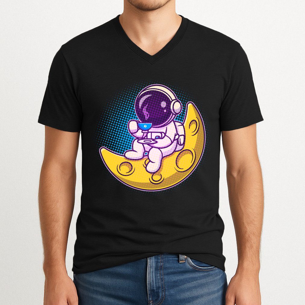 Cute Little Astronaut Drinking Coffee V-Neck T-Shirt