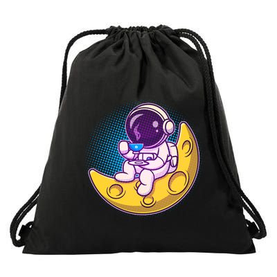 Cute Little Astronaut Drinking Coffee Drawstring Bag