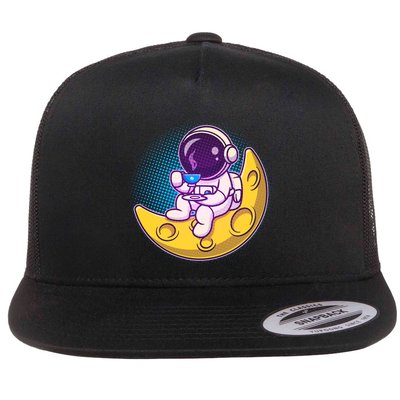 Cute Little Astronaut Drinking Coffee Flatbill Hat