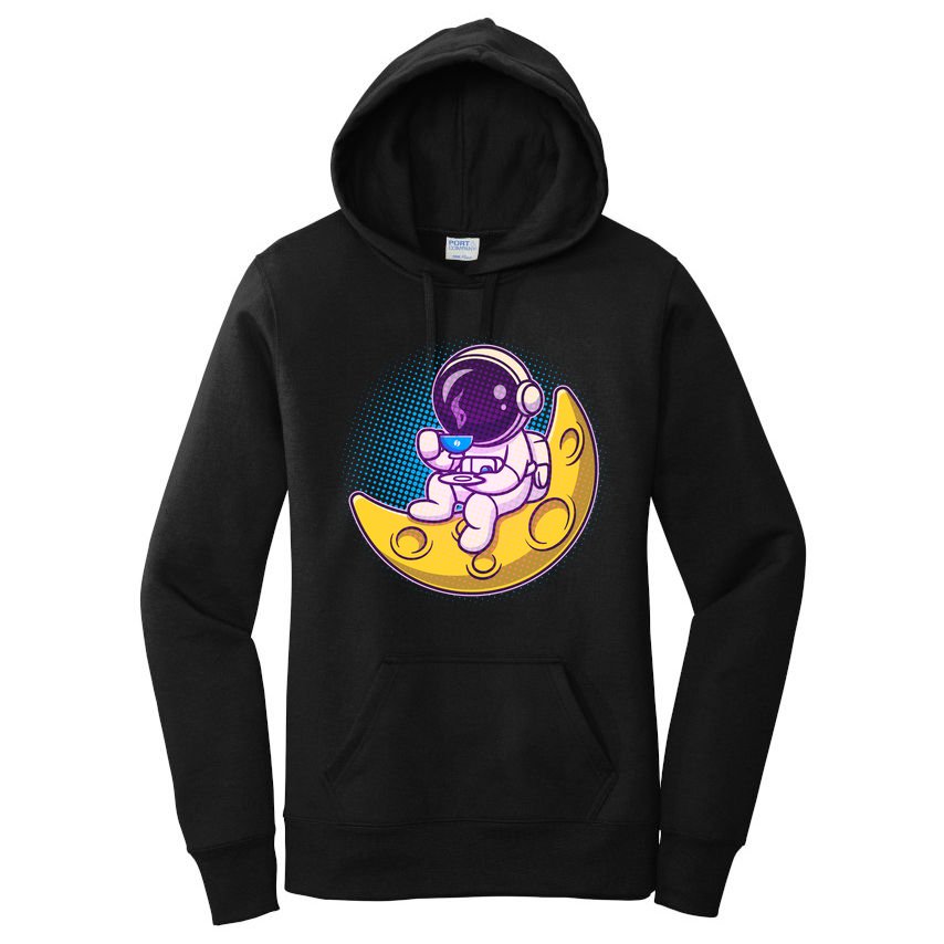 Cute Little Astronaut Drinking Coffee Women's Pullover Hoodie