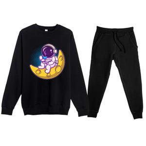 Cute Little Astronaut Drinking Coffee Premium Crewneck Sweatsuit Set