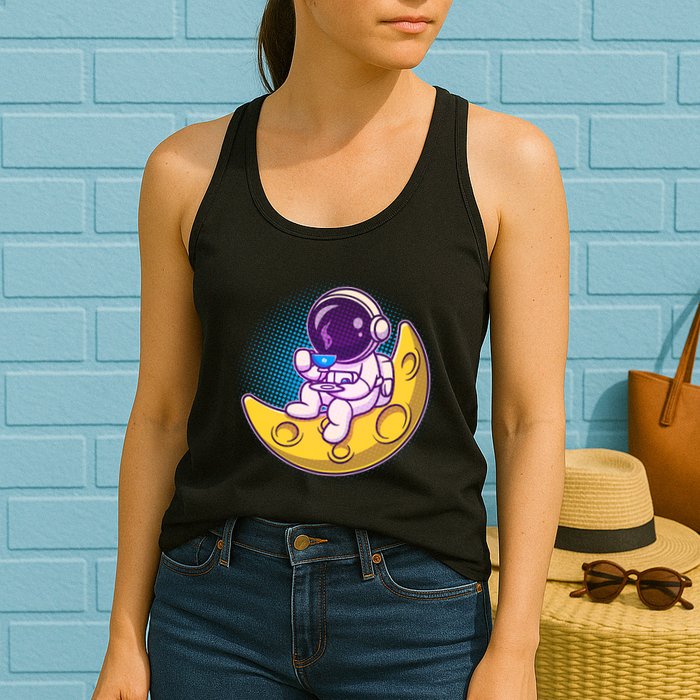 Cute Little Astronaut Drinking Coffee Womens Tank Top