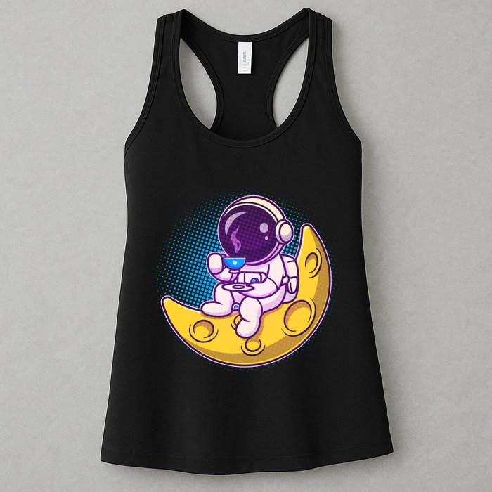 Cute Little Astronaut Drinking Coffee Womens Tank Top