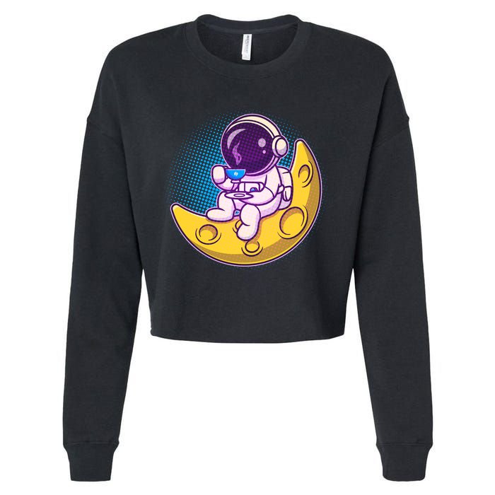 Cute Little Astronaut Drinking Coffee Cropped Pullover Crew