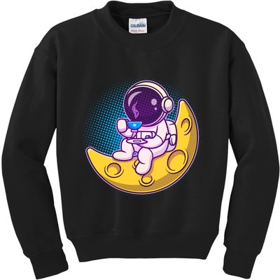 Cute Little Astronaut Drinking Coffee Kids Sweatshirt