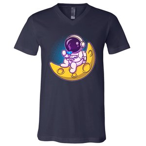 Cute Little Astronaut Drinking Coffee V-Neck T-Shirt