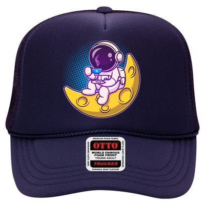 Cute Little Astronaut Drinking Coffee High Crown Mesh Back Trucker Hat