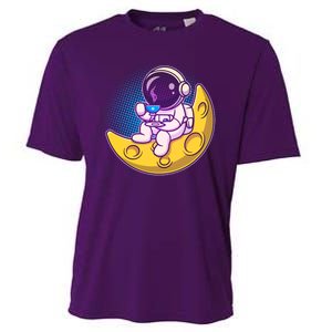 Cute Little Astronaut Drinking Coffee Cooling Performance Crew T-Shirt