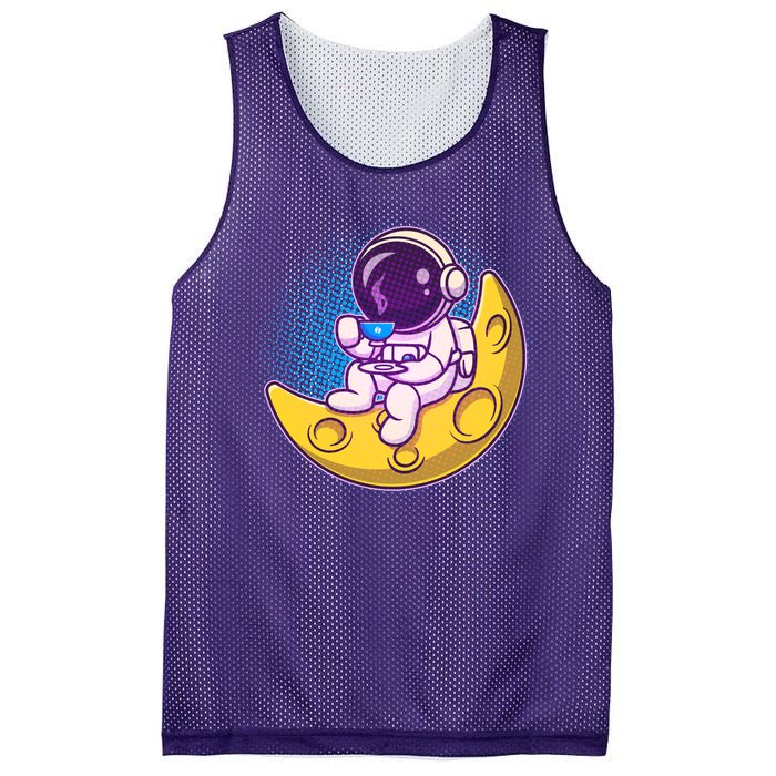 Cute Little Astronaut Drinking Coffee Mesh Reversible Basketball Jersey Tank