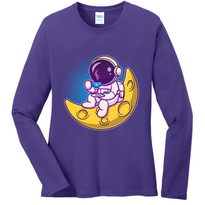 Cute Little Astronaut Drinking Coffee Ladies Long Sleeve Shirt
