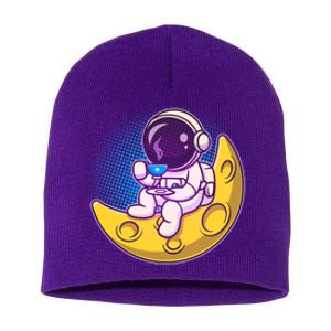 Cute Little Astronaut Drinking Coffee Short Acrylic Beanie