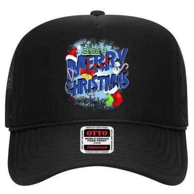 Cute Merry Christmas Word Decoration High Crown Mesh Back Trucker Hat