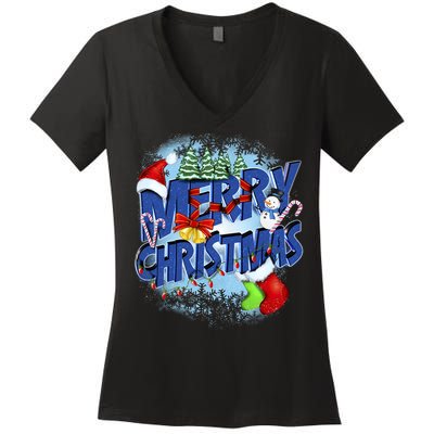 Cute Merry Christmas Word Decoration Women's V-Neck T-Shirt