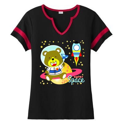 Cute Outer Space Bear Astronaut Ladies Halftime Notch Neck Tee