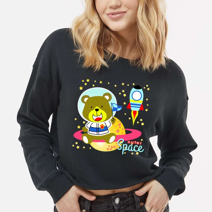 Cute Outer Space Bear Astronaut Cropped Pullover Crew