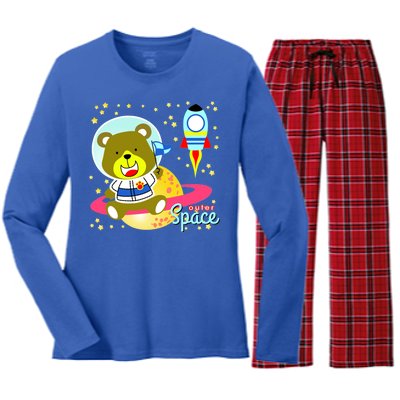 Cute Outer Space Bear Astronaut Women's Long Sleeve Flannel Pajama Set 