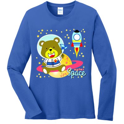 Cute Outer Space Bear Astronaut Ladies Long Sleeve Shirt