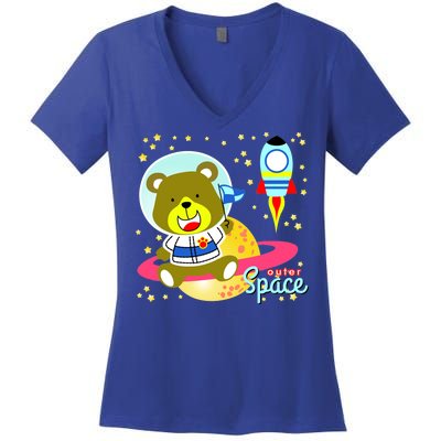 Cute Outer Space Bear Astronaut Women's V-Neck T-Shirt