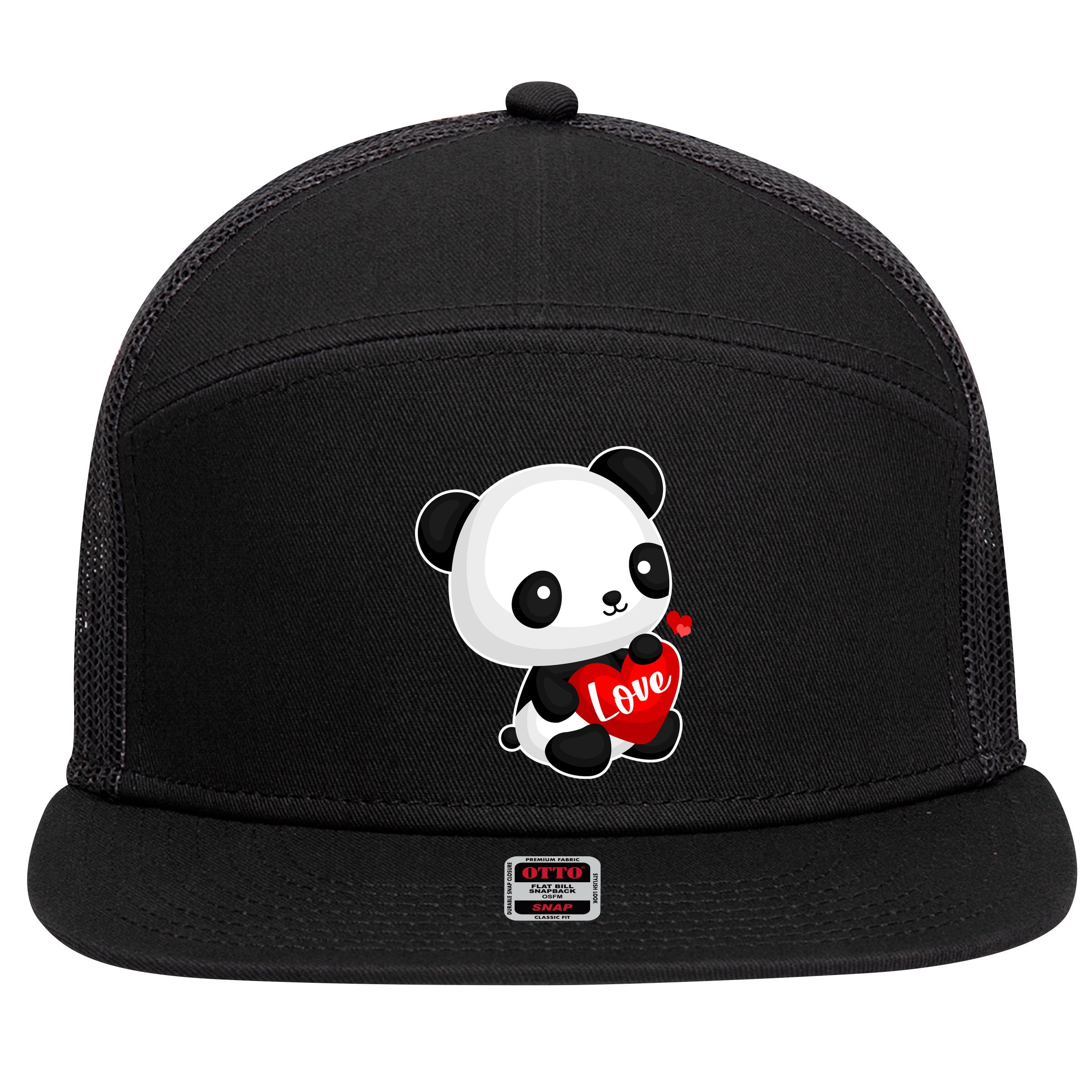 Cute Panda Holding A  Heart 7 Panel Mesh Trucker Snapback Hat