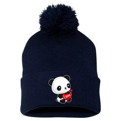 Cute Panda Holding A  Heart Pom Pom 12in Knit Beanie