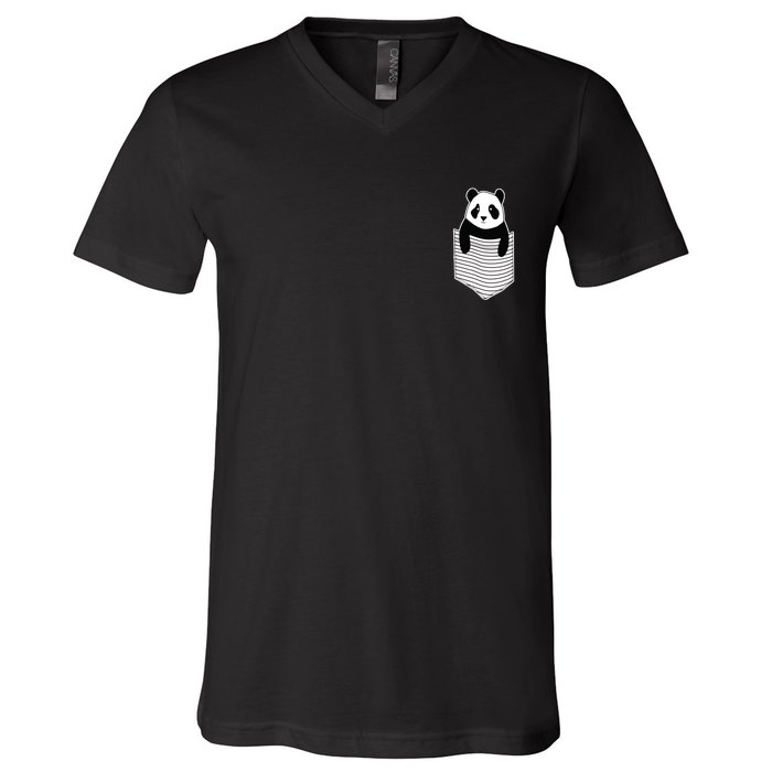 Cute Panda Pocket V-Neck T-Shirt