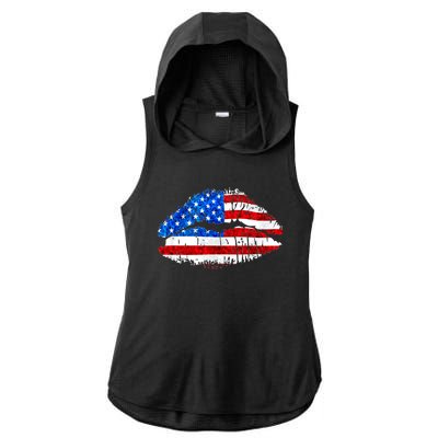 Cute Patriot USA American Flag Lipstick Kiss Ladies PosiCharge Tri-Blend Wicking Draft Hoodie Tank