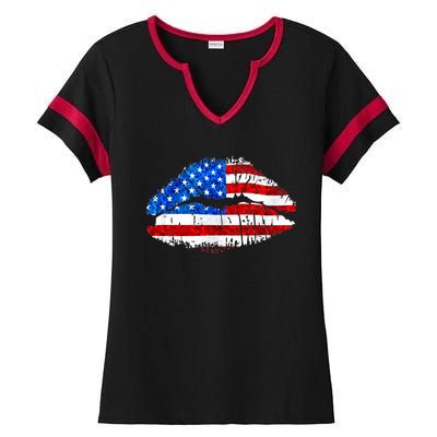 Cute Patriot USA American Flag Lipstick Kiss Ladies Halftime Notch Neck Tee